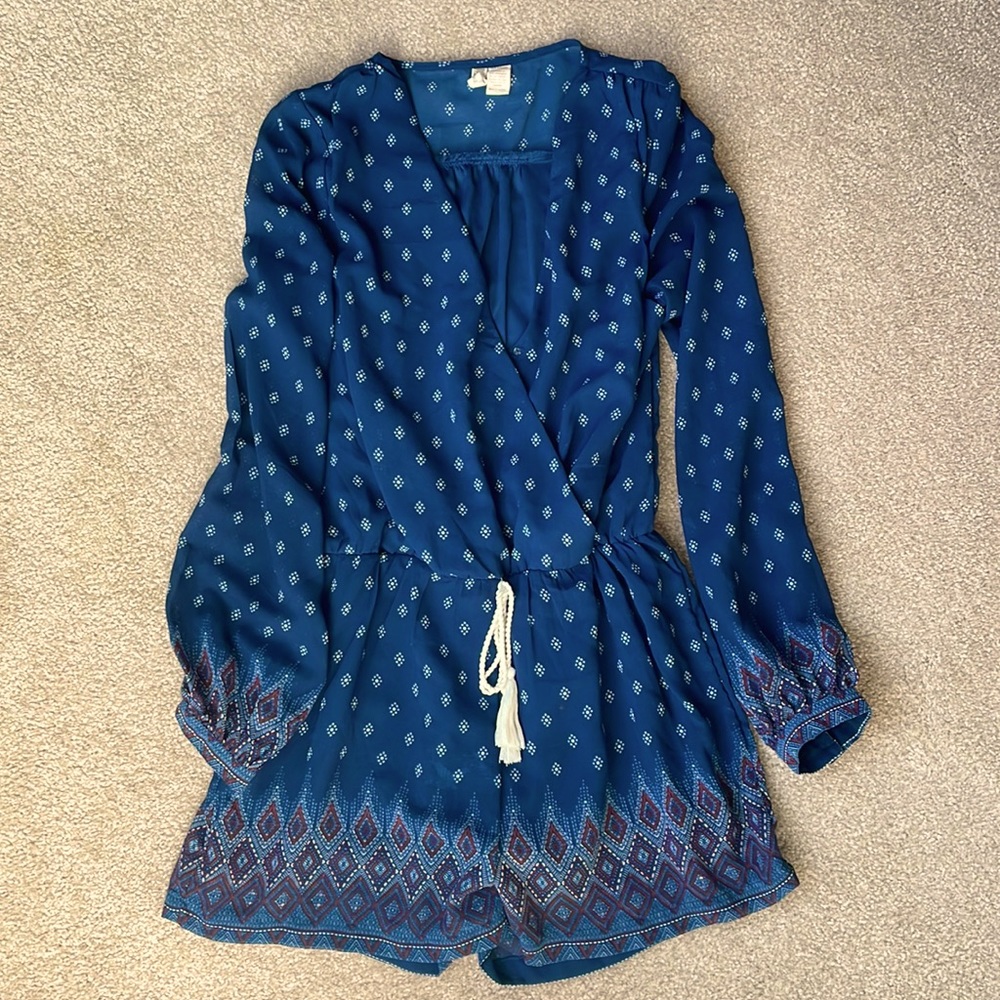 Japna Romper with decorative drawstring waist navy blue. Long sleeved